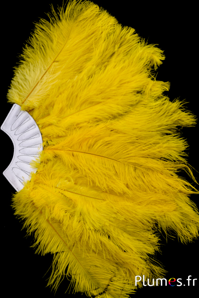 Éventail en plumes d’autruche - 20 plumes, cuir blanc - jaune